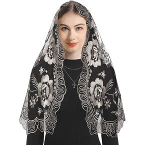 Bozidol Church Veil Triangular Mantilla - Cross Chalice Embroidered Vintage Catholic Mass Veil for Women
