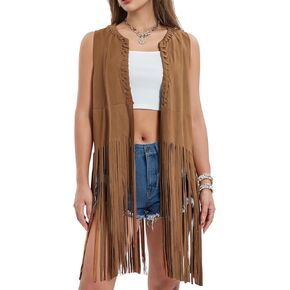 Women's Fringe Vest 70s Hippie Costume Faux Suede Sleeveless Tassel Long Cardigan Jacket Cowgirl Western Tops for Halloween