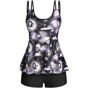 Rosegal Plus Size Women 2 Piece Swimsuit Galaxy Sun Moon Skull Print Tankini Swimwear