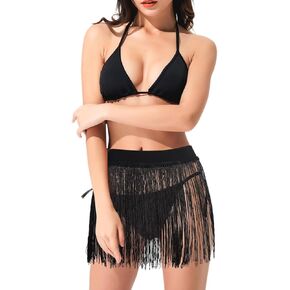 Women Fringe Trim Skirts Beach Tassel High Waisted Skirts Cover Up Mini Skirts Black