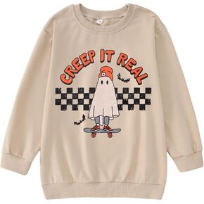 IZYJOY Creep It Real Halloween Sweatshirt Girl Boy Checkered Ghost Skateboard Shirt Kids Crewneck Spooky Season Pullover Top