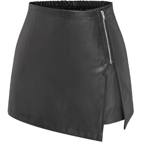 CIDER Faux Leather Middle Waist Solid Zipper Skort
