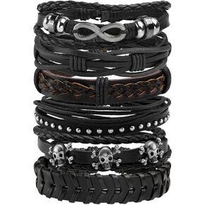 Manfnee 6-12PCS Braided Faux Leather Bracelet Punk Cuff Wrap Bracelets for Men Women Adjustable