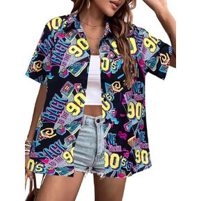 80s 90s Shirts Women Hawaii 80s 90s Outfits Vintage Back to The 90s Graphic Tee Retro Party Disco Short Sleeve Button Up Top