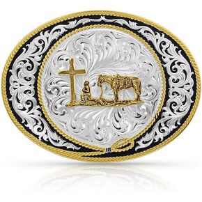 Montana Silversmiths Men's Tri-Color Pinched Buckle With Christian Cowboy Figure Silver One Size