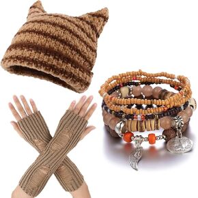 Therian Gear Y2K Clothes,Grunge Clothing - Emo Beanie, Fingerless Gloves,Five Fairycore Bracelets