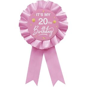 It's My 20th Birthday Tinplate Badge Pin Pink Satin Fabric 20 Year Old Birthday Themed Button Pin Party Decorations Award Ribbon Badge Pin
