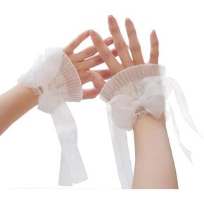 SONGJIE Lolita Lace Wrist Cuffs, White Bow Hand Sleeve Sexy Lace Elastic Bracelet Novelty Women's Accessories Gloves for Halloween Wedding Tea Party Masquerade Nightclub