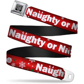 Buckle-Down Seatbelt Belt - Christmas NAUGHTY OR NICE/Snowflakes Reds/White/Green - 1.0" Wide - 20-36 Inches in Length