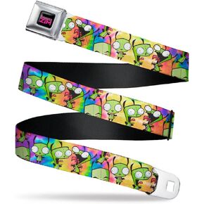 Nickelodeon Belt, Seatbelt Buckle Belt, Invader Zim GIR Poses Scattered Tie Dye Multi Color, Adjustable
