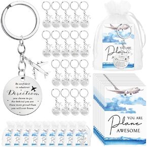 18 Sets Flight Attendant Gifts Airplane Keychains Motivational Keychains with Thank You Cards Organza Bags Travel Adventure Party Favor Employee Appreciation Gifts for Pilot Aviation
