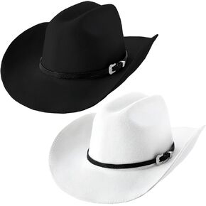2 Packs Cowboy Hat for Men Women with Shapeable Wide Brim Buckle Belt Western Felt Cowgirl Hats in Black and White