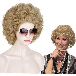 Aicos Short Reddish Orange Curly Costume Wig for Women Landlady 60s 70s Hippie Wigs Retro Afro Curly Wig for Halloween Party + Wig Cap