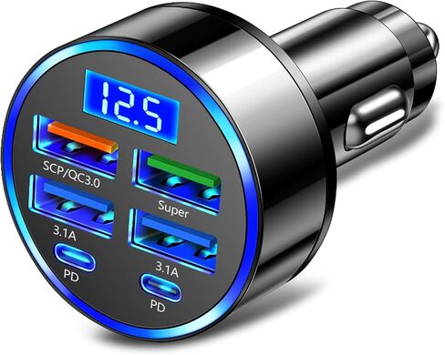 5 Port USB Car Charger(4USB+Type C) Compact Fast Charger Cigarette Lighter Adapter with LED&Voltage Monitor, Compatible with iPhone 14/Pro MacBook, iPad Pro/Air, Galaxy All Smart Phone in Kuwait
