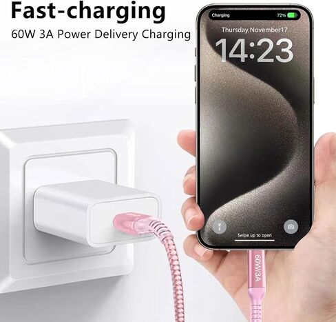كابل USB C طويل إلى USB C بطول 15 قدم وردي، شحن سريع 60 وات، سلك شاحن USB من النوع C لأجهزة iPhone 15/15 Pro، iPad Pro Air 12.9 4th، MacBook Pro، PS5، Samsung Galaxy S23 S22، Note 20 10 Ultra، Google Pixel 7 in Kuwait