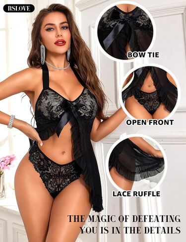 RSLOVE Lingerie for Women Lace Babydoll - Sexy Lingerie Open Front Sleepwear Halter Nightwear Ruffle Trim Chemise in Saudi Arabia