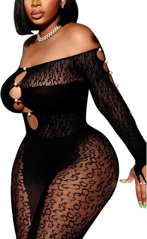 Avidlove Women Lingeries Long Sleeve Fishnet Body Stocking Leopard Sexy Outfit Rhinestone Body Suits Cut Out Jumpsuit in Saudi Arabia