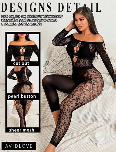 Avidlove Women Lingeries Long Sleeve Fishnet Body Stocking Leopard Sexy Outfit Rhinestone Body Suits Cut Out Jumpsuit in Saudi Arabia