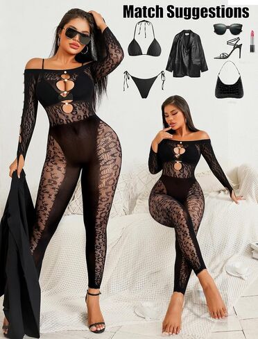Avidlove Women Lingeries Long Sleeve Fishnet Body Stocking Leopard Sexy Outfit Rhinestone Body Suits Cut Out Jumpsuit in Saudi Arabia