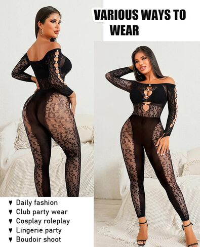 Avidlove Women Lingeries Long Sleeve Fishnet Body Stocking Leopard Sexy Outfit Rhinestone Body Suits Cut Out Jumpsuit in Saudi Arabia