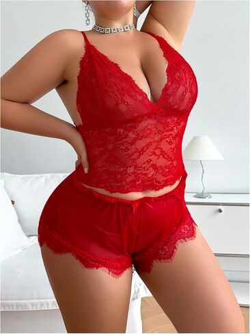 طقم لانجري نسائي من MakeMeChic مقاس كبير مكون من 3 قطع من الدانتيل برقبة على شكل حرف V وملابس نوم للزفاف مع رداء in Saudi Arabia