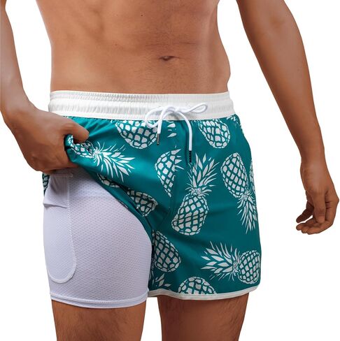 BRISIRA Mens Short Swim Trunks with Compression Liner Retro Vintage 8090s Bathing Suit Swim Board Shorts Swimwear Quick Dry in Saudi Arabia