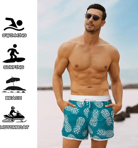 BRISIRA Mens Short Swim Trunks with Compression Liner Retro Vintage 8090s Bathing Suit Swim Board Shorts Swimwear Quick Dry in Saudi Arabia