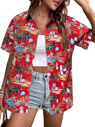 Christmas in July Shirt Women Hawaiian Christmas Button Down Shirts Vintage Christmas Graphic Short Sleeve Button Up Tops in Saudi Arabia