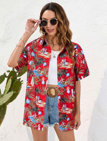 Christmas in July Shirt Women Hawaiian Christmas Button Down Shirts Vintage Christmas Graphic Short Sleeve Button Up Tops in Saudi Arabia