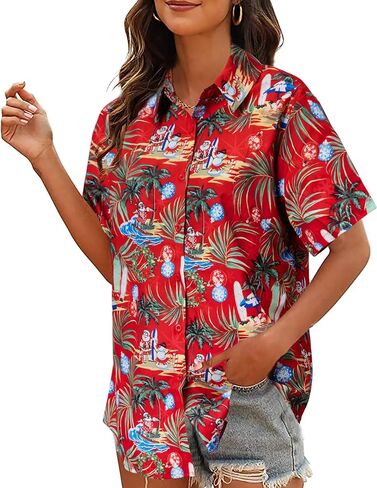 Christmas in July Shirt Women Hawaiian Christmas Button Down Shirts Vintage Christmas Graphic Short Sleeve Button Up Tops in Saudi Arabia