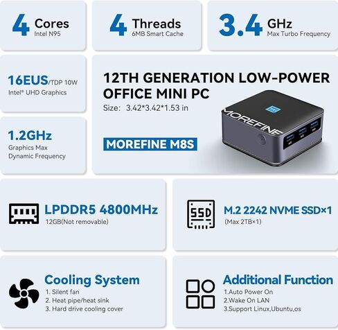 MOREFINE M8S Mini PC, Intel 12th N100 (up to 3.4GHz) Micro PC, Mini Computer Windows 11 Pro with 16GB LPDDR5 RAM/512G M.2 NVME SSD, Mini Deaktop PC Support WiFi6/BT5.2/Gigabit Ethernet Ports in Kuwait