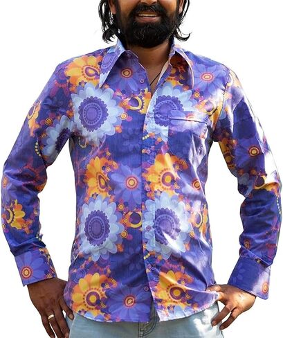 Mens 70s Disco Hip Hop Shirts Casual Button Down Paisley Floral Vintage Long Sleeve Large collar Shirt in Kuwait