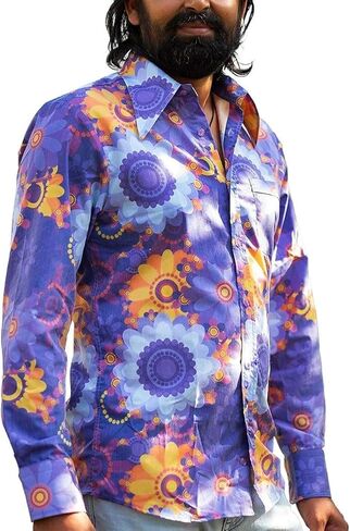 Mens 70s Disco Hip Hop Shirts Casual Button Down Paisley Floral Vintage Long Sleeve Large collar Shirt in Kuwait