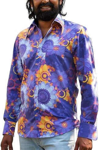 Mens 70s Disco Hip Hop Shirts Casual Button Down Paisley Floral Vintage Long Sleeve Large collar Shirt in Kuwait