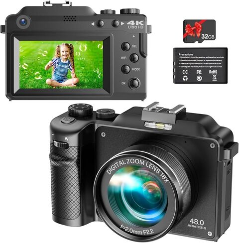 كاميرا رقمية 4K، صور فيديو بدقة 48 ميجابكسل فائقة الدقة 4K، كاميرا بعدسة مزدوجة، تكبير رقمي 18x، كاميرا تركيز تلقائي للتصوير الفوتوغرافي، مع WiFi وبطاقة SD، وكاميرا تسجيل فيديو لليوتيوب in Kuwait