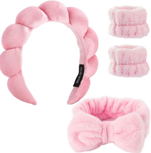 puffy Spa Headbands & Wristband Set,4pack Makeup Headband, Face Wash Headband, Skincare Headbands, Sponge Hair Band Bow Tie Spa Headband for Washing Face Wristband Set Hair Accessories for Women Gifts in Saudi Arabia