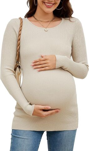 قمصان الأمومة مضلع متماسكة طويلة الأكمام Crewneck الحمل تونك القمم ملابس أمومة غير رسمية in Kuwait