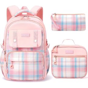 Fimibuke Backpack for Girls, 3 PCS Waterproof Kids Teens Girls School Backpack with Lunch Box, Pencil Pouch Set, Cute Bookbag Travel School Bag for Elementary Middle High School Students Age 6+(Pink)