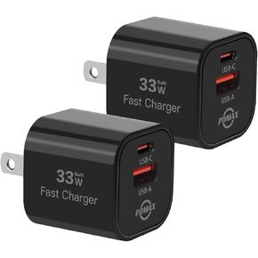 [2 Pack] PDMAX USB C Charger Block 33W GaN,Compact Charging Block,Dual Port Type C&A Wall Charger Fast Charging for iPhone 15/14/13/12,Galaxy,Pixel,iPad,AirPods,Apple Watch and More(Black)