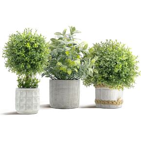 3Pcs Fake Plants 10.6 Inch, Artificial Boxwood Topiary Ball Tree in Cement Planter, Artificial Plants Indoor for Home Bathroom Bedroom Kitchen Office Room Decor