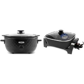 Elite Gourmet MST-1234B## 6 Quart Diamond Pattern Slow Cooker, Removable & EG6201 Extra Deep 12"x12"x3.2" (7.5Qt.) Scratch Resistant Dishwasher Safe