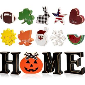 Interchangeable Home Table Signs with 11Pcs Seasonal Icons, Wooden "HOME" Letter Signs Interchangeable Holiday Decorative Table Centerpiece Shelf Sign for Holiday Home Room Table Decoration