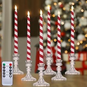 6 Pcs Christmas Flameless Taper Candles 10.6 Inch Candy Cane Stripe Candles Battery Operated LED Christmas Candlesticks with Remote Timer for Xmas Party Home Decor (Red White, Glitter Style)
