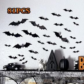 Halloween Bats Decorations-Halloween Bat Wall Decor-Halloween Party Decorations Indoor Outdoor Scary,81 Pcs Reusable PVC 3D Decorative Scary Bat Wall Stickers,Double-Sided Adhesive Included