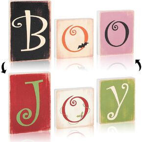 BOO Sign Halloween Table Decorations Indoor, JOY Signs Christmas Table Decoration, Double Sided Retro Wooden XMAS Home Tiered Tray Tabletop Decor Set of 3