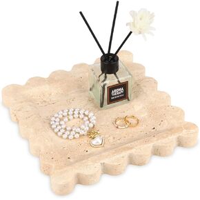 Square Marble Decorative Tray with Scalloped Edge,Luxury Natural Stone Bathroom Vanity Tray, Dresser Top Perfume Coffee Home Kitchen Toilet Sink Tray, Key Trinket Ring Tray (Travertine, 8*8)