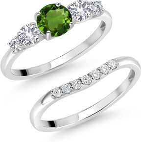 Gem Stone King 10K White Gold Green Chrome Diopside White Created Sapphire and White Lab Grown Diamond 5-Stone Bridal Engagement Wedding Ring Set For Women (0.87 Cttw, Available in Size 5,6,7,8,9)