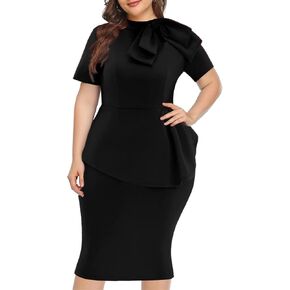 Plus Size Dress for Curvy Women Semi Formal Cocktail Party Midi Dress Bodycon Short Sleeve Bow Ruffle Pencil Dresses