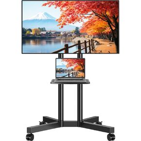 Rfiver Rolling TV Stand with Laptop Shelf, Mobile TV Stand with Upgraded Wheels for 32-70 Inch TVs, Height Adjustable Mobile TV Cart up to 88lbs, Portable TV Stand for Outdoor, Home, Office