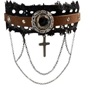 GRACEART Women Steampunk Necklace Vintage Bronze Gold Moon Pendant Lace Choker